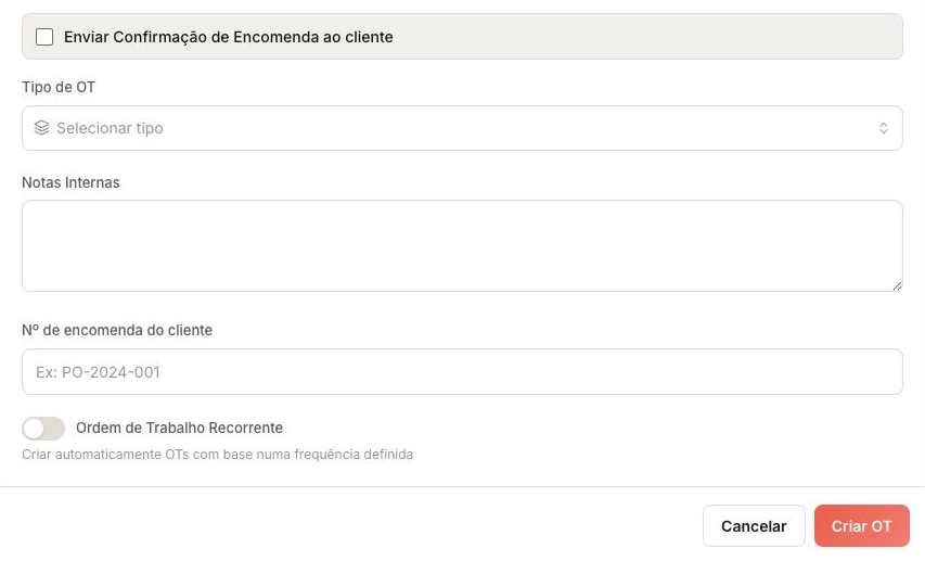 Order confirmation, internal notes and the Create work order button.